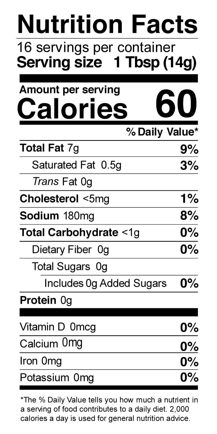 Terrapin Ridge Farms Buffalo Ranch Squeeze nutrition facts: 16 servings per container, serving size 1TBSP/14g, 60 calories per serving