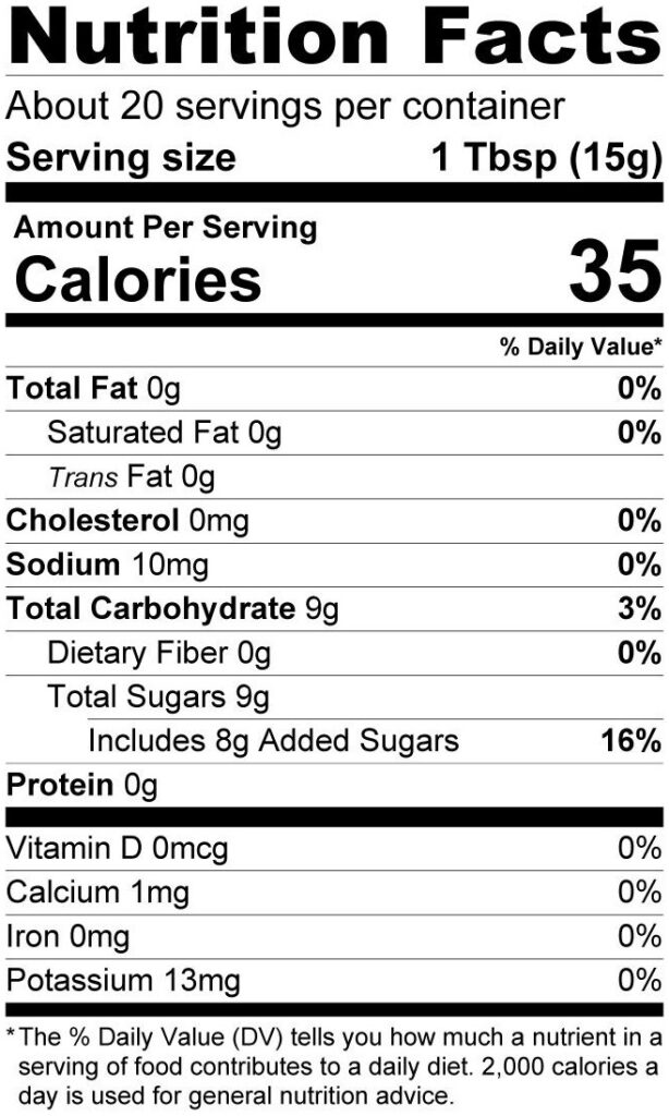 Terrapin Ridge Farms Passion Fruit Jalapeno Jelly nutrition facts: about 20 servings per container, serving size 1tbsp/15g, 35 calories per serving