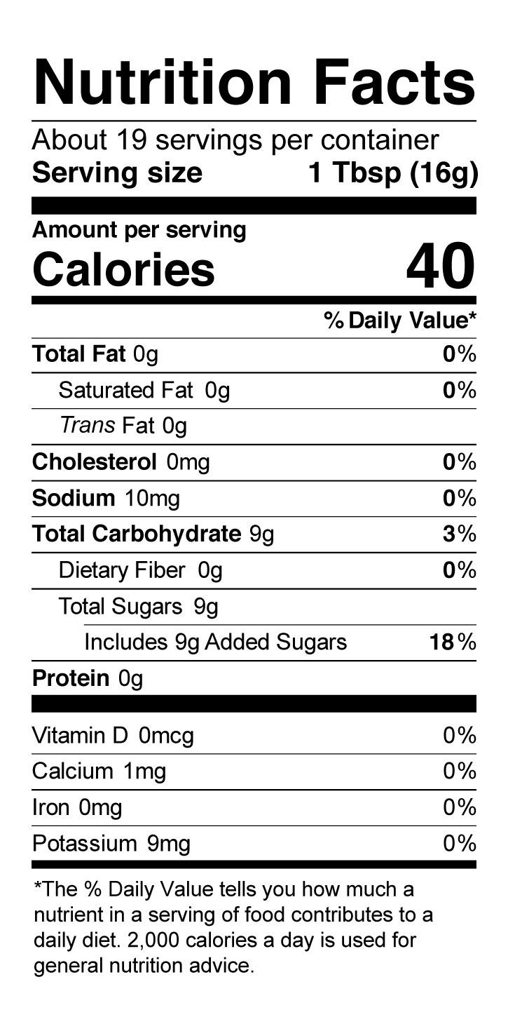 Terrapin Ridge Farms Apple Horseradish Jam nutrition facts: 19 servings per container, serving size 1TBSP/16g, amount per serving 40 calories