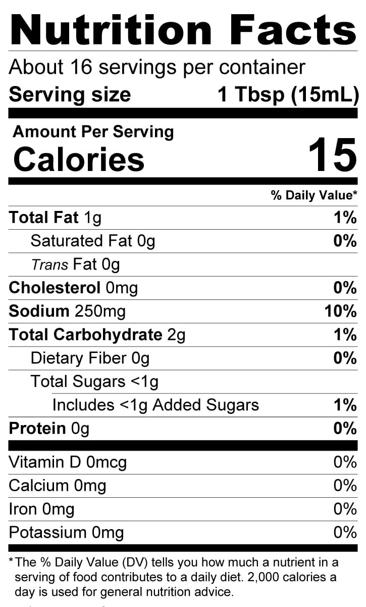 Terrapin Ridge Farms Dill Pickle Mustard nutrition facts: about 16 servings per container, serving size 1TBSP/15mL, 15 calories per serving