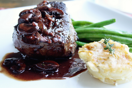 Filet Mignon with Dark Chocolate Red Wine Sauce served with mashed potatoes and green beans