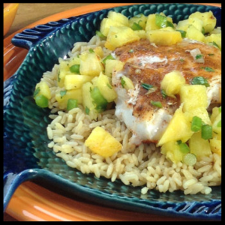 Grilled Grouper with Pineapple Coconut Salsa on a bed of rice