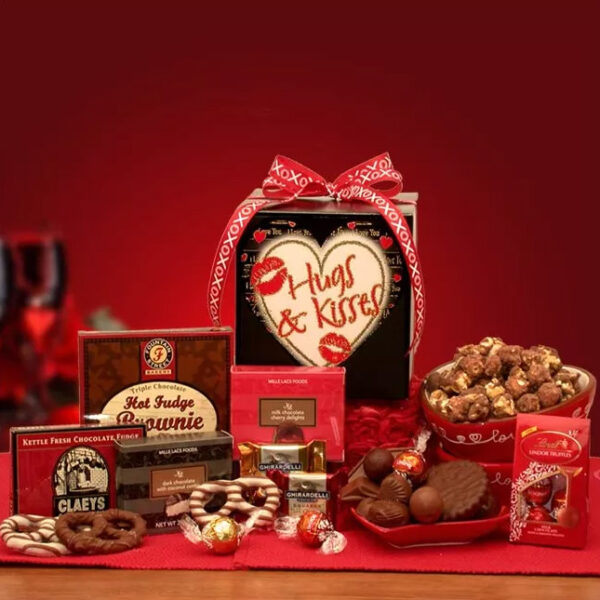 Hugs & Kisses gift box with fudge, truffles, kettle corn, and more