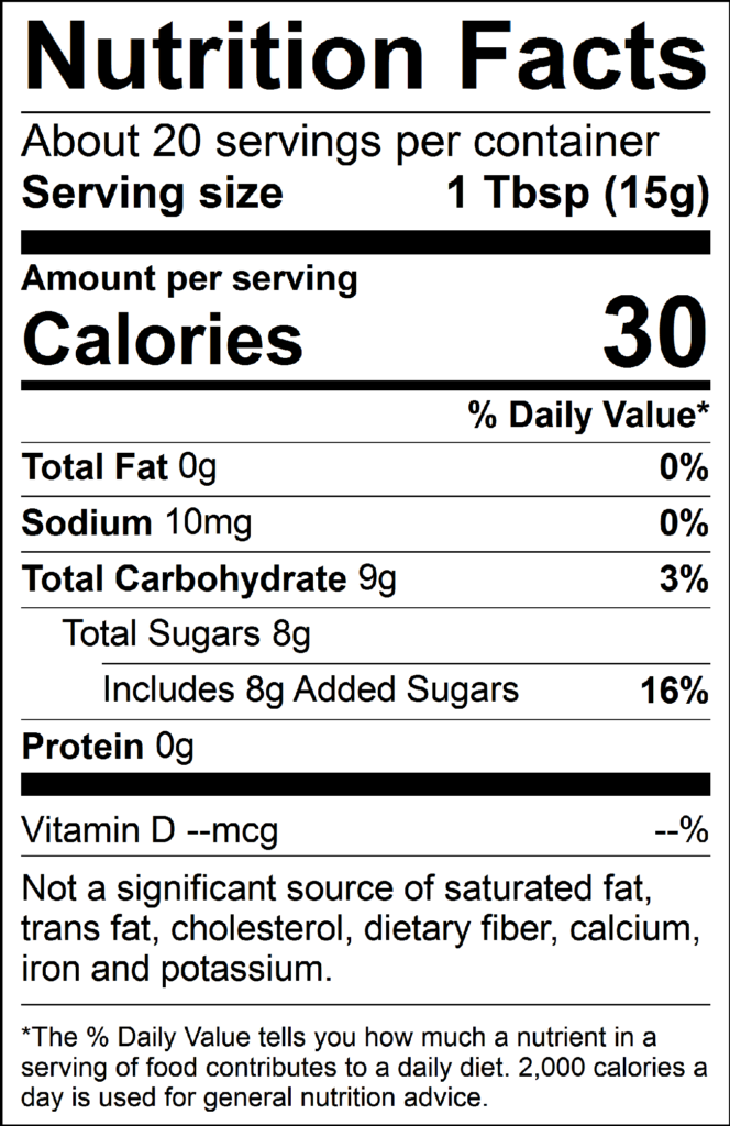 Raspberry Amaretto Preserve Nutrition Facts: about 30 servings per container, serving size 1TBSP/15g, 30 calories per serving